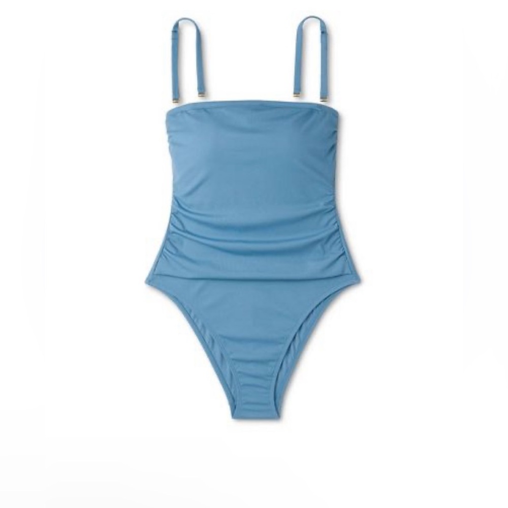 NWT Women’s shirred ribbed bandeau cheeky one piece swimsuit - blue